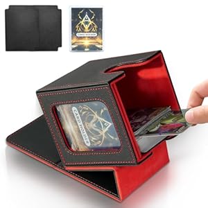 Jamiukro Boîte de rangement pour cartes MTG Commander, boîte de rangement pour cartes à collectionner, étui magnétique en cuir PU, peut contenir 100 TCG cartes à double couche, noir et rouge