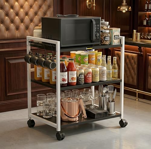 Image of Microwave Stand with Storage & Wheels | Heavy Duty 3-Tier Kitchen Rack for Oven, Appliances, Spices & Utensils | Multipurpose Rolling Trolley | Space Saving Organizer for Kitchen & Home