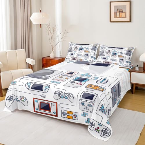 Erosebridal Gaming Fitted Sheet Kids Gamer Gamepad Bed Sheets Teens Boys Video Games Sheets Set with Deep Pocket (1 Flat Sheet+1 Fitted Sheet+ 1 Pillowcase) Twin Size for Games Room Decor