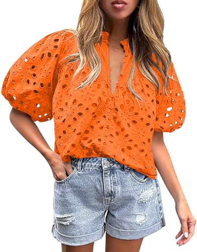 BETTE BOUTIK Women's Long Short Sleeve Tops 2025 Dressy Casual Button Hollow Out Lace Embroidered Blouses Shirts