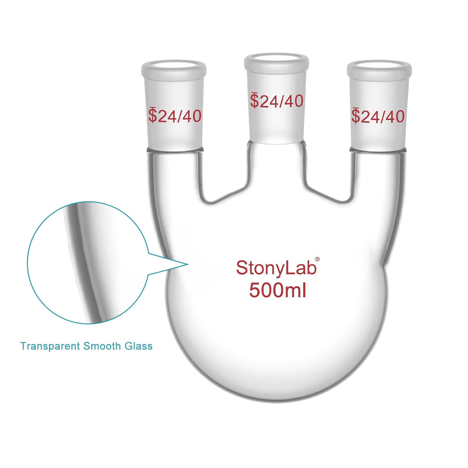 stonylab Fiole à Fond Rond 500 ml avec 3 Cols Droits-24/40, Verre Borosilicate, Idéale pour Chimie, Laboratoire, Expériences Scientifiques, Distillation et Reflux