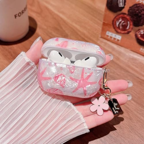 Image of MINSCOSE for AirPods Pro 2nd /1st Generation Case,Cute Glitter Seashell and Starfish Pattern Design with Folral Keychain,Soft TPU Protective Cover for Girls Women for AirPods Pro /Pro 2-Pink
