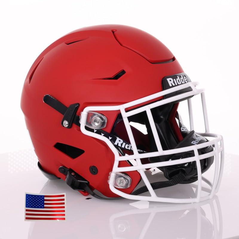 Riddell SpeedFlex Adult 2025 w/White SF-2EG-II Facemask + US Flag Decal (Matte Scarlet Helmet, Large...