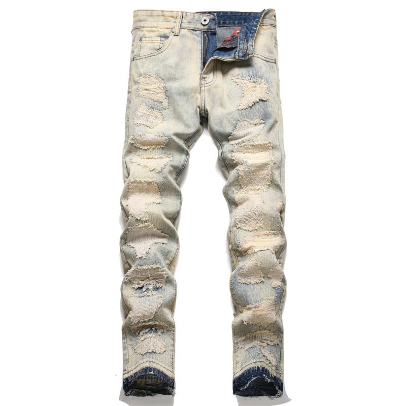 Men Jeans Retro Light Blue Embroidery Patched Ripped Jeans Mens Vintage Stretch Slim Denim Pants ​​Trousers3