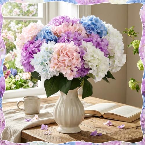 Image of Suncalla Multicolor 6 Bundles Hydrangea Artificial Flowers Bulk 30 Heads 20'' Faux Fake Hydrangea for Spring Graves Easter Decor Porch Indoor Outdoor Home Garden Wedding Table Centerpieces