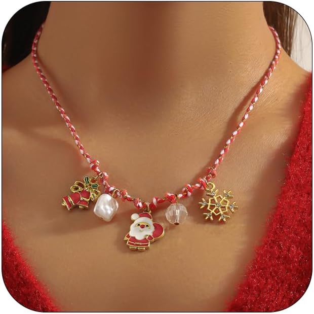 Christmas Necklace for Women Adjustable Colorful Cord Chain Santa Claus Snowman Snowflake Pendant Necklace Christmas Costume Accessory Jewelry for Women