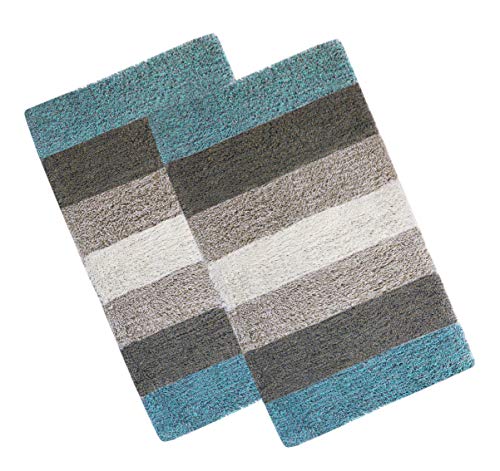 Image of THE HOME TALK Cotton Stripes Bathmats | Water Absorbent Runners | Floor Mats /Rugs for Kitchen, Bathroom | Ultra Soft Mats | Non-Slip | Pack of 2 | 40 x 60 cm | Turquoise