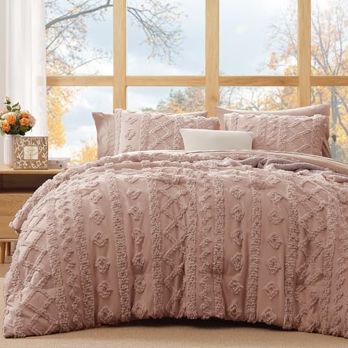 Image of WRENSONGE Full Size Comforter Set with Sheets - 7 Pieces Rusty Pink Tufted Bed in a Bag Full Shabby Chic Bedding Sets with 1 Comforter, 2 Sheets, 2 Pillowcases & 2 Shams