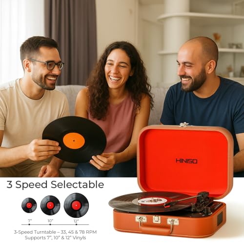 Image of Hiniso Bluetooth Vinyl Record Player with 2-Way Bluetooth (Input & Output) & USB Recording | Vintage 3-Speed Turntable with Built-in Speakers | Convert Vinyl to MP3 | New T416 Design
