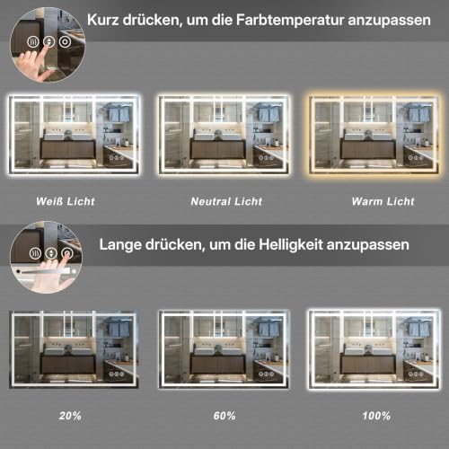 Dripex LED Badspiegel 60 x 100 cm, 3 Lichtfarben, Antibeschlag fürs Bad – Ansicht 2