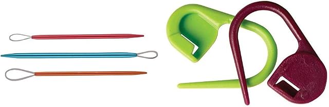 KnitPro Wool Needles,Aluminium, Multi-Colour, Set of 3 & Plastic Locking Stitch Markers, Pack of 30, Purple and Green