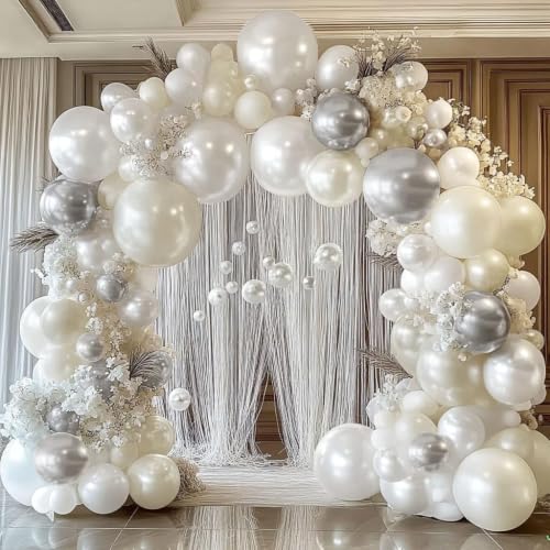 White Silver Balloon Garland Double Stuffed Pearl White Sand Silver Balloon