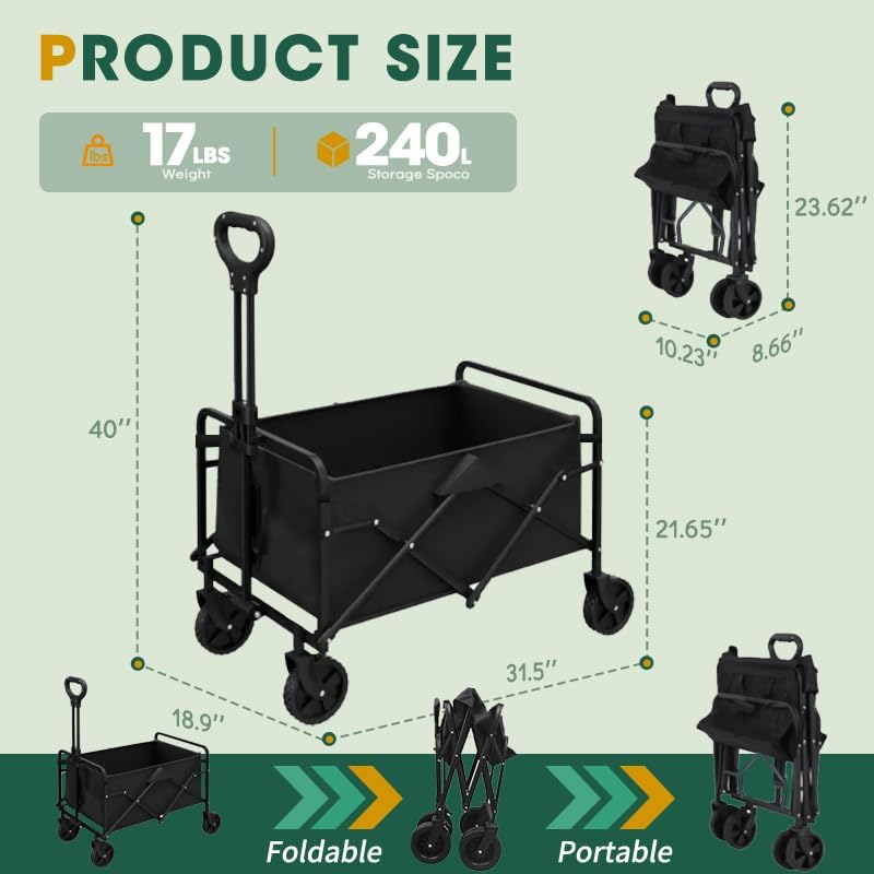 Collapsible Wagon with Wheels, 370lbs Weight Capacity Foldable Beach Wagon with Flexible Handle Portable Utility Wagon Cart for Outdoor, Grocery, Garden, Camping 140L