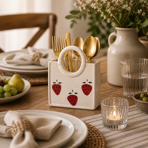 Image of Ceramic Utensil Holder, White Kitchen Organiser, Cutlery Set Holder (Strawberry)