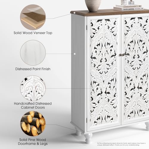 Image of Accent Cabinet with Doors, 47 inch Tall Buffet Cabinet with Solid Wood Legs, Freestanding Sideboard for Living Room, Entryway, Dining Room, Bedroom, White