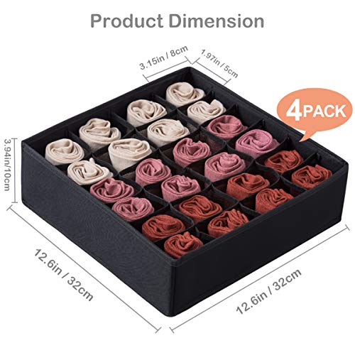 Qozary 4 Pack Socks Underwear Drawer Organizer Divider, 24 Cell Collapsible Cabinet Closet Organizer Storage Boxes for Clothes, Socks, Lingerie, Underwear, Ties (Black) - Thumbnail 2