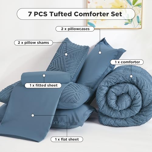 Image of Andency Super King Plus Comforter Set Ocean Blue - 7 Pieces Bed in a Bag Oversized King Bedding Sets, Boho Tufted Lightweight Fluffy Bed Set with Comforter, Sheets, Pillowcases & Shams
