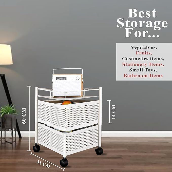 Image of KITCHIVO Kitchen Storage Rack | Revolving Vegetable Rack | Square Multipurpose Storage Trolley with Wheels | Metal Fruit Rack (White, 2 Layer)