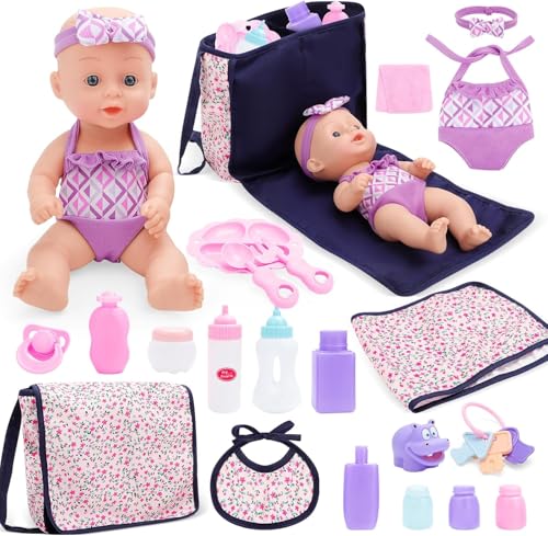 deAO Juego de Muñecas Bebé, 28CM Recién Nacido Muñeco Juguete, 22 Piezas Alimentación y Cuidado de Muñecas Bebé con Bolsa de Almacenamiento, Biberones, Vajilla, Accesorios de Baño para Niños de 3 Años