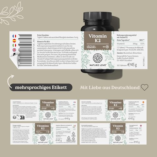 NATURE LOVE® Vitamin K2 hochdosiert - Premiumrohstoff MK7-365 Tabletten - all-trans Gehalt >99,7% MK-7 Menaquinon - vegan, laborgeprüft und in Deutschland produziert 6