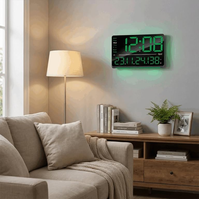Image of Ajanta Digital Wall Clock with RGB Night Light, Temperature, Calendar and 12 /24H Format (Green, 33 x 22 cm)