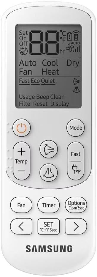 Close-up do controle remoto do ar condicionado Samsung WindFree AI com todos os botões e display.