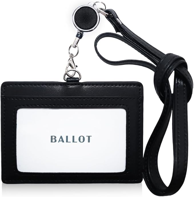 BALLOT [スーッと伸び〜る] 本革 IDカードホルダー ネームホルダー 横型 パスケース ネックストラップ 伸縮リール付き (ブラック)