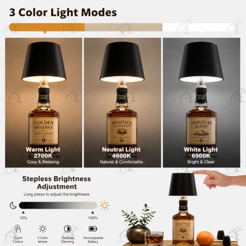 Image of ANKRI Wireless Bottle Lamp LED 3 Colour Light Battery Desk Dimming Night Light Indoor Portable for Cafe Restaurant Home Living Room | 15 cm | Black | Long Lasting Battery