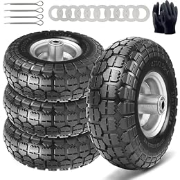 4.10/3.50-4 Tire and Dolly Wheel Flat Free - Solid Rubber Hand Truck Wheels 5/8" Axle - Gorilla Cart Tires Replacement for Garden, Wagon, Yard and Wheelbarrow (10 Inch 4 Pack)