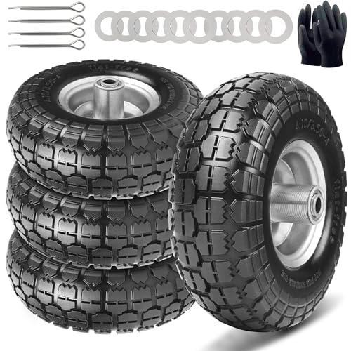 4.10/3.50-4 Tire and Dolly Wheel Flat Free - Solid Rubber Hand Truck Wheels 5/8" Axle - Gorilla Cart Tires Replacement for Garden, Wagon, Yard and Wheelbarrow (10 Inch 4 Pack) by CANWUPON - Used condition - US$39.89