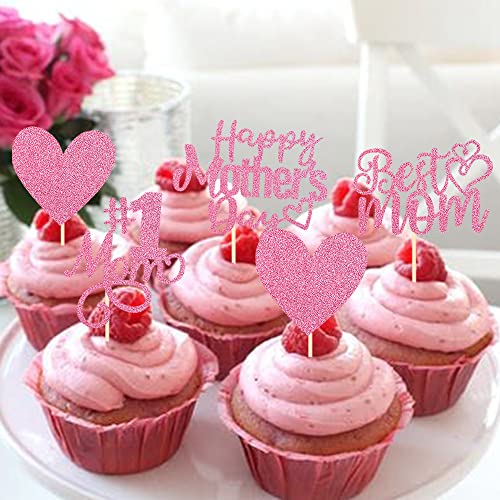 Ycthunfish 24 Pack Happy Mother'S Day Cupcake Toppers Glitter Number 1 Mom Love Heart Cupcake Picks Best Mom Cake Decorations For Women Birthday Happy Mother'S Day Theme Party Supplies Pink thumb #3
