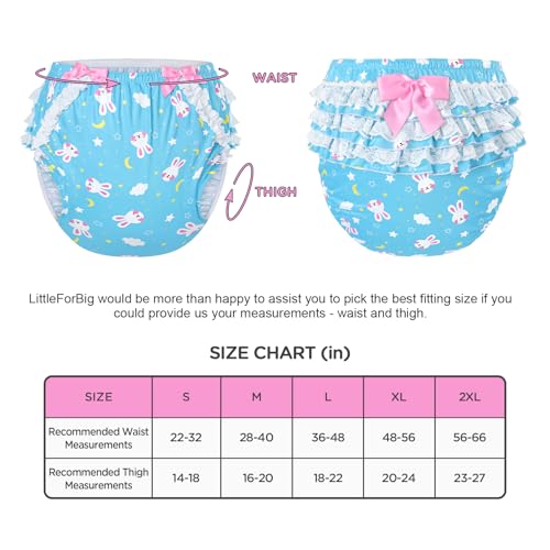 Image of Littleforbig Silky Washable Reusable Waterproof Ruffled Lace Bow Snuggle Bunny Pattern Ruffle Adult Diaper Cover XXL Blue