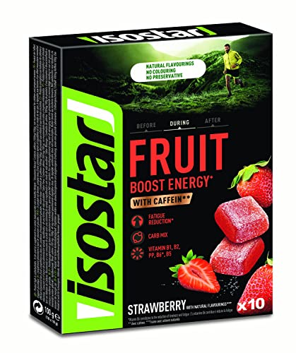Isostar Energy Fruit Boost - Saveur Fraise - Pâtes de Fruits Sport - Réduction Fatigue - Avec Caféine - Arôme Naturel - Sans Colorant - Sans Conservateur - 1 Boîte de 10 Carrés (10 x 10 g)