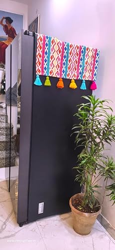 WWW.THROWPILLOW.IN Rainbow Fridge Top Cover with Tassels Without Pockets-Fits French Door Samsung, Haier, LG Models >580L Capacity, Diwali Kitchen Décor, Refrigerator Cover Size 60x170 CMS