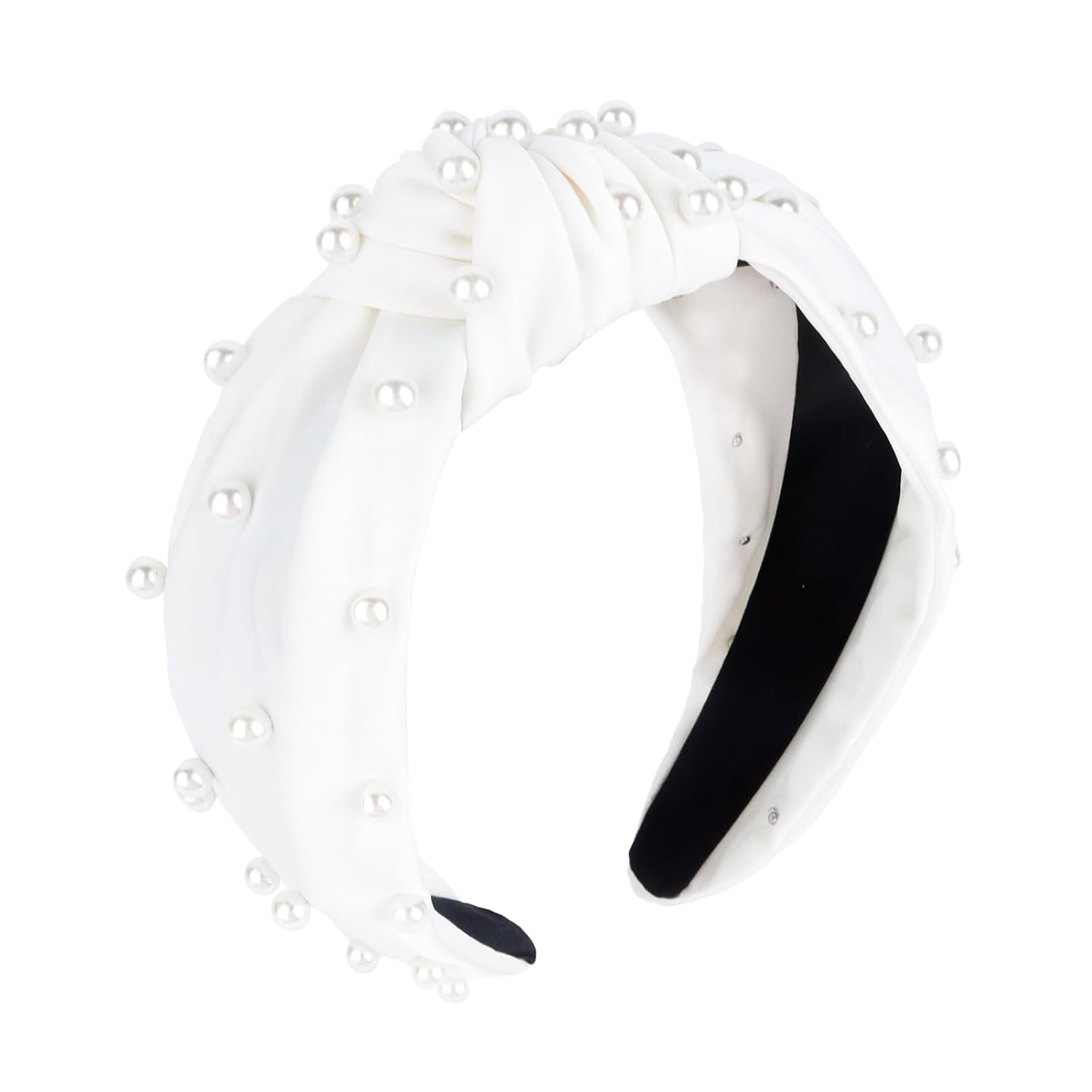 YISSION Pearl Knotted Headband for Women Non Slip Silk Beaded Headbands for women Wide Jeweled Embellished Hairband White Headband Hair Accessories for Women Girls