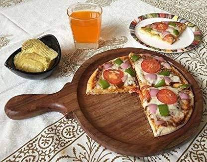 HYMS Wooden Pizza Plate/Board/Racket, Round, Slim, 10 Inch, Brown