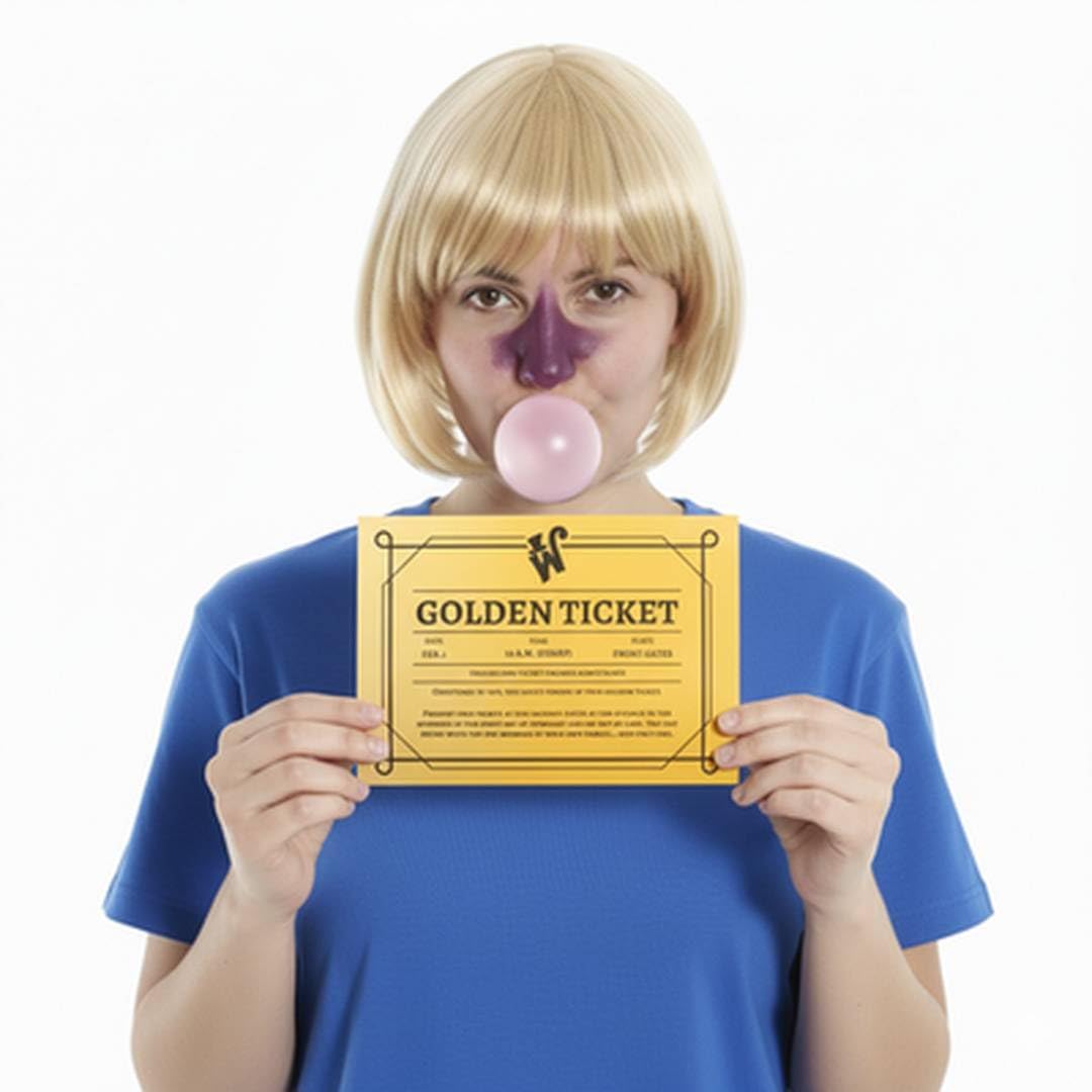 Adult Violet Costume Golden Ticket Purple Face Paint & Wig World Book Day