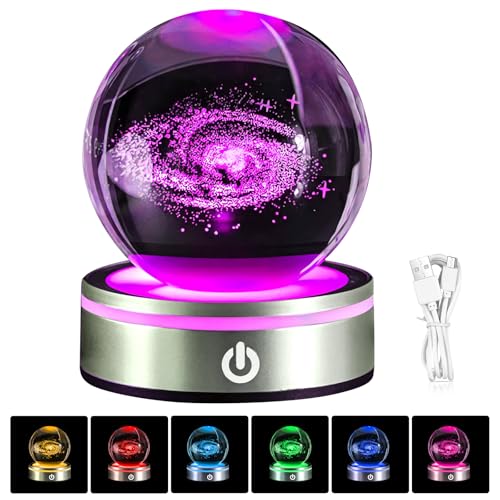 Veilleuse en boule de cristal 3D Système solaire 3D Boule de cristal avec LED, Boule de cristal LED Boule en verre Base de veilleuse colorée, 8 cm Lampe...