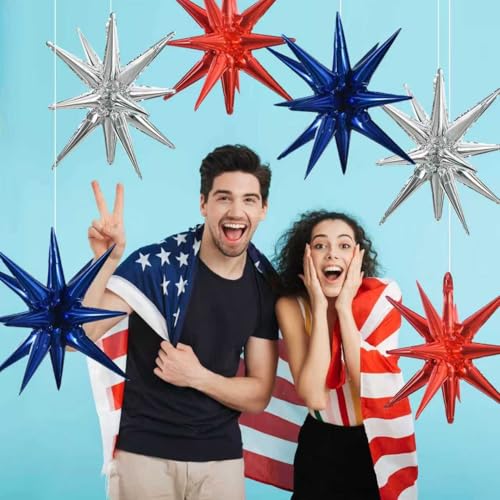 Image of TONIFUL 8 Pcs Navy Blue Silver Red Explosion Star Foil Balloon Party Decor | 22 Inch Large Mylar Star Balloon for Men's Birthday Nautical Sailor Theme Birthday Patriotic National Holiday Party Decor