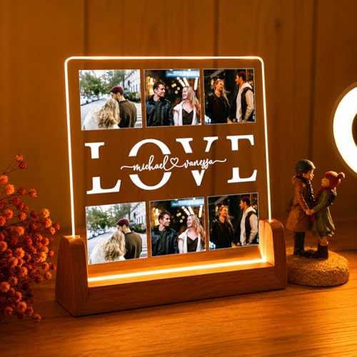 Image of Custom Photo Collage LED Lamp, Personalised Acrylic Night Light, Warm White, Modern Style, Anniversary and Birthday Gift for Couples and Friends (Design 3)