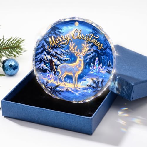Christmas Ornaments, Crystal Deer Glass Christmas Tree Decorations Gift | Glass Ornament with Glowing Crystal Deer, 3.1in; Blue Gift Box + Ribbon, Christmas Ornaments 2026, Christmas Tree Decorations - image 1
