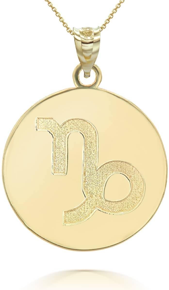 Exquisite 14k Yellow Gold Capricorn Zodiac Sign Personalized Name Disc Pendant Necklace - Choice of Chain Length