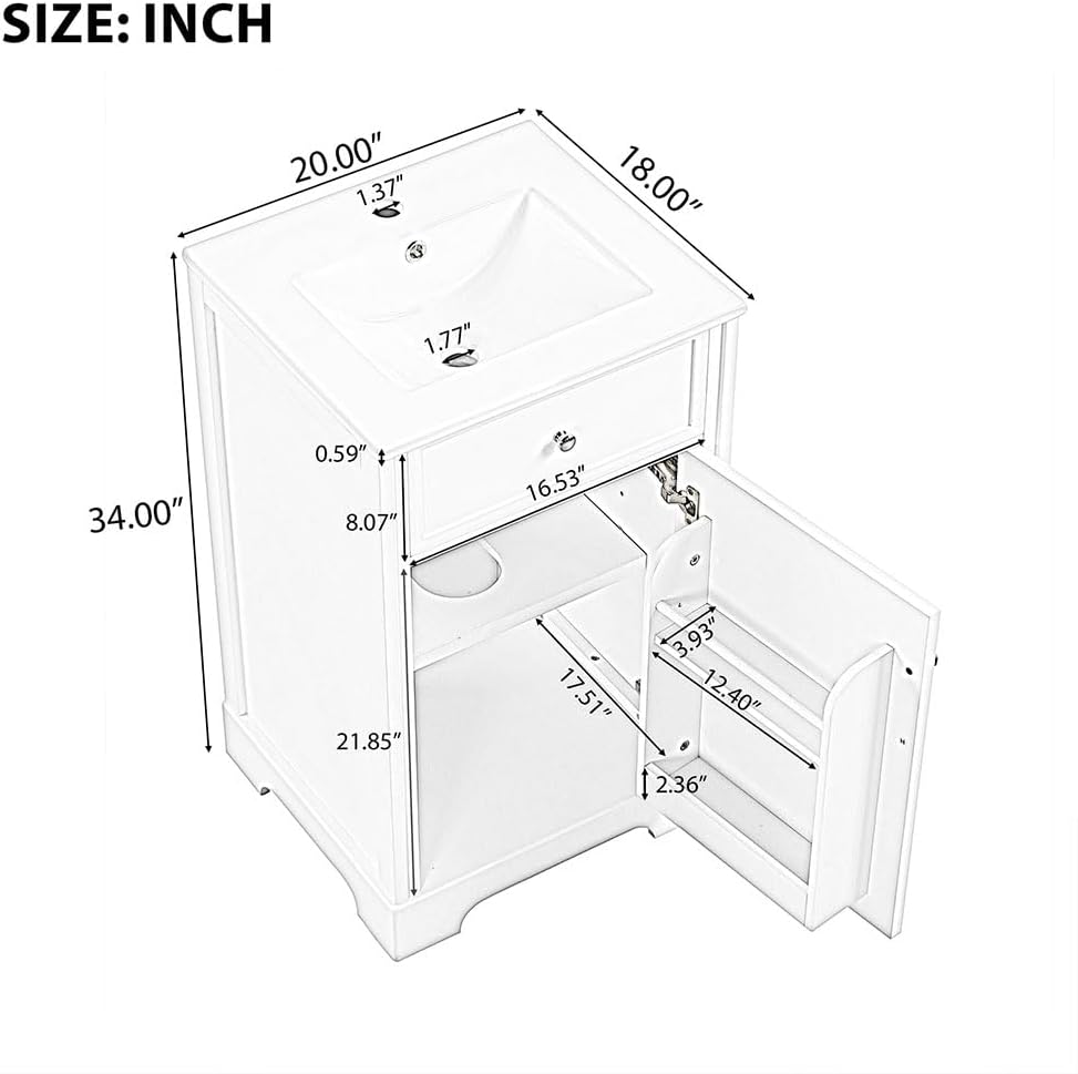 20" Bathroom Vanity Cabinet, Modern Freestanding Bathroom White Small Bathroom Storage Cabinet with Sink Combo and Adjustable Shelve for Small Space (20"× 18"×34")