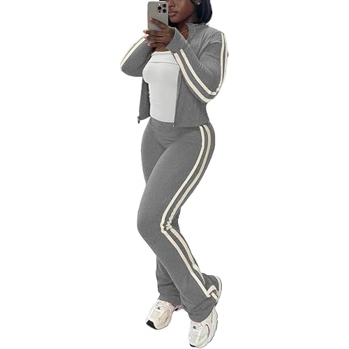 HBQ Women's 2 Piece Sweatsuit Sets Zip Up Crop Tops and Flare Pants Casual Striped Tracksuit Jogger Loungewear Set