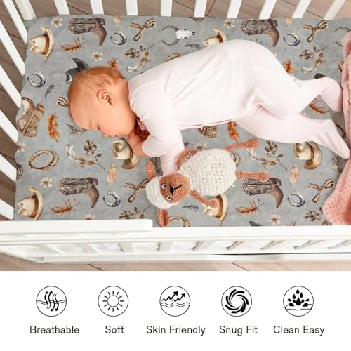 Image of Cowboy Life Baby Crib Sheets for Boy Girl 52 inchx28 inch Retro Cowboy Hats Boots Horse Cow Skull Soft Breathable Crib Mattress Covers Country Western Baby Sheet for Standard Crib and Toddler Bed Mattresses