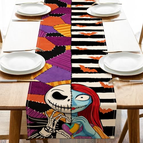 Seliem Halloween Jack Table Runner, Sally Black White Stripes Patch Bat Kitchen Dining Table Decor, Funny Holiday Burlap Home Decoration Indoor Outdoor Party Supply 13 x 72 Inch