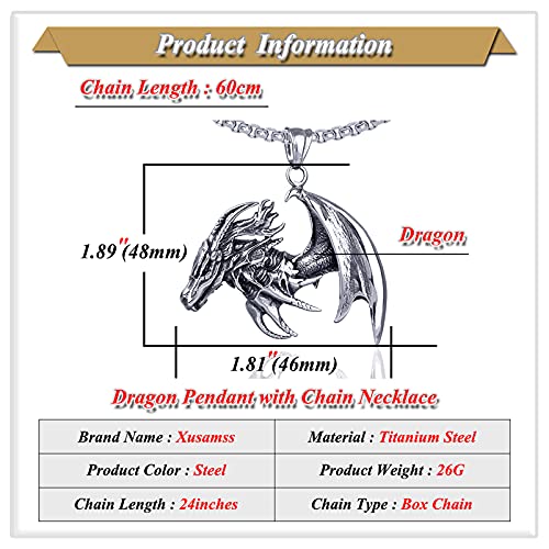 Xusamss Punk Stainless Steel Wing Dragon Pendant Necklace with 24inches Link Chain2