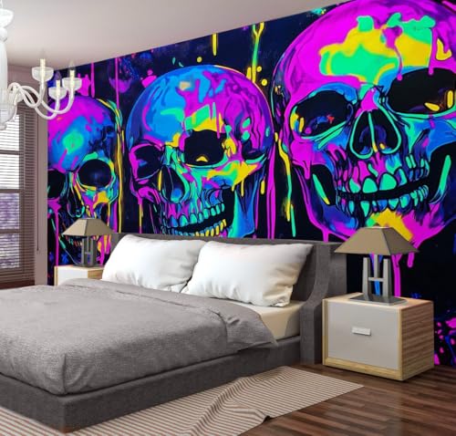 Tapiz de Halloween púrpura neón con diseño abstracto de calavera 3