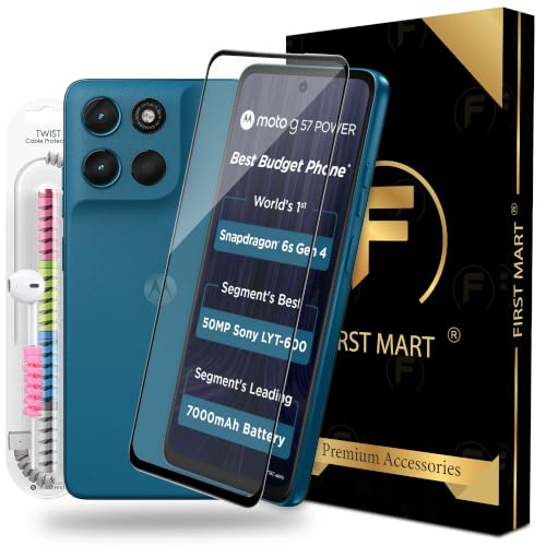 Image of FIRST MART Tempered Glass for Motorola G57 Power and Moto G67 Power, 9H 0.3 mm Full-Glue Screen Protector with Cable Protector, 3D Edge-to-Edge, HD Clear, Case-Friendly, Black, Pack of 1