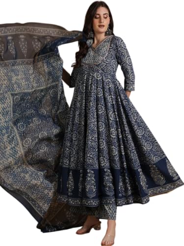 Image of MEERA FAB Women Floral Printed Pure Cotton Anarkali Kurta with Palazzos & Dupatta